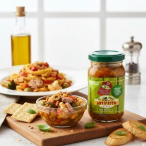 Frasco de antipasto artesanal colombiano Alicolombia, conserva gourmet 100% natural, perfecta para entradas y tablas.