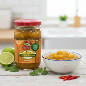 Frasco de ceviche de mango artesanal Alicolombia, conserva 100% natural, ideal para acompañar platos exóticos.