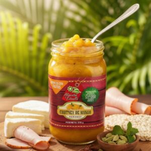 Frasco de chutney de mango artesanal Alicolombia, aderezo 100% natural, ideal para carnes y quesos.
