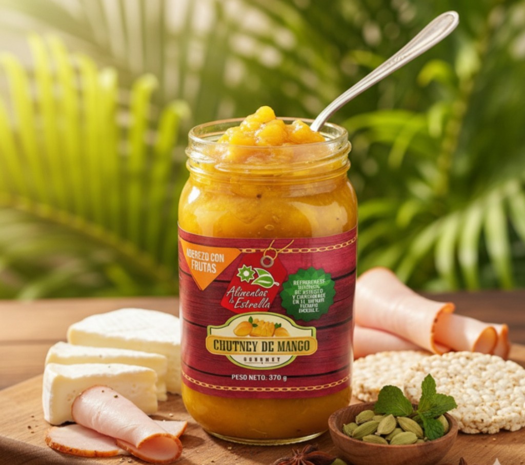 Frasco de chutney de mango artesanal Alicolombia, aderezo 100% natural, ideal para carnes y quesos.