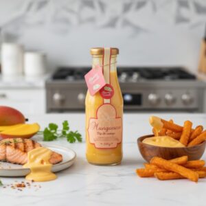 Frasco de mangonesa artesanal Alicolombia, aderezo gourmet 100% natural, perfecto para resaltar carnes y hamburguesas.