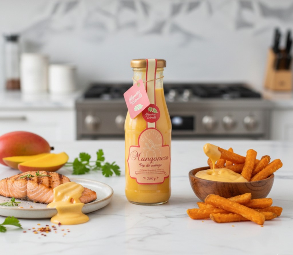 Frasco de mangonesa artesanal Alicolombia, aderezo gourmet 100% natural, perfecto para resaltar carnes y hamburguesas.