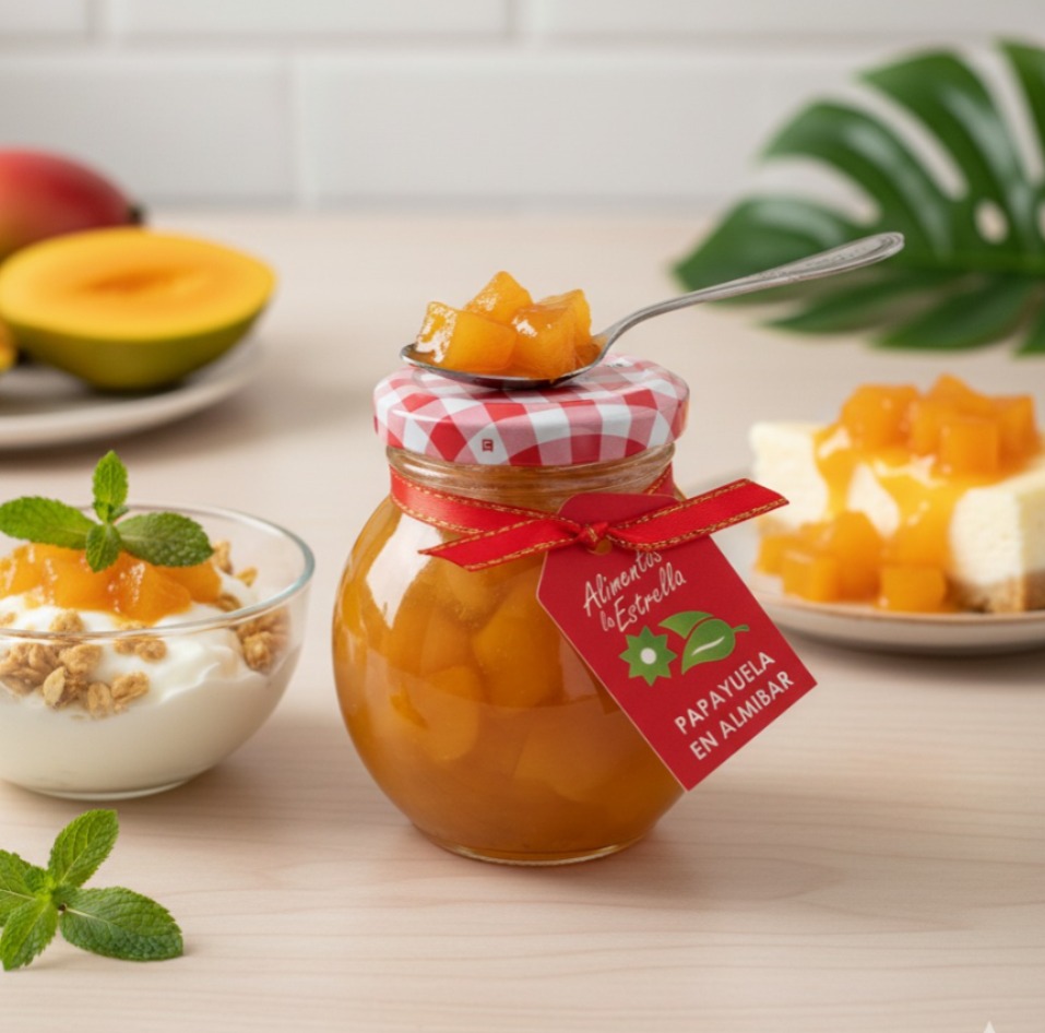 Frasco de papayuela en conserva artesanal Alicolombia, producto 100% natural y típico colombiano.